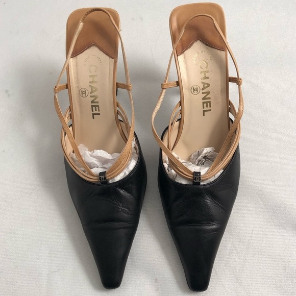 CHANEL Shoes - Chanel black and tan leather strappy slingback heel shoes